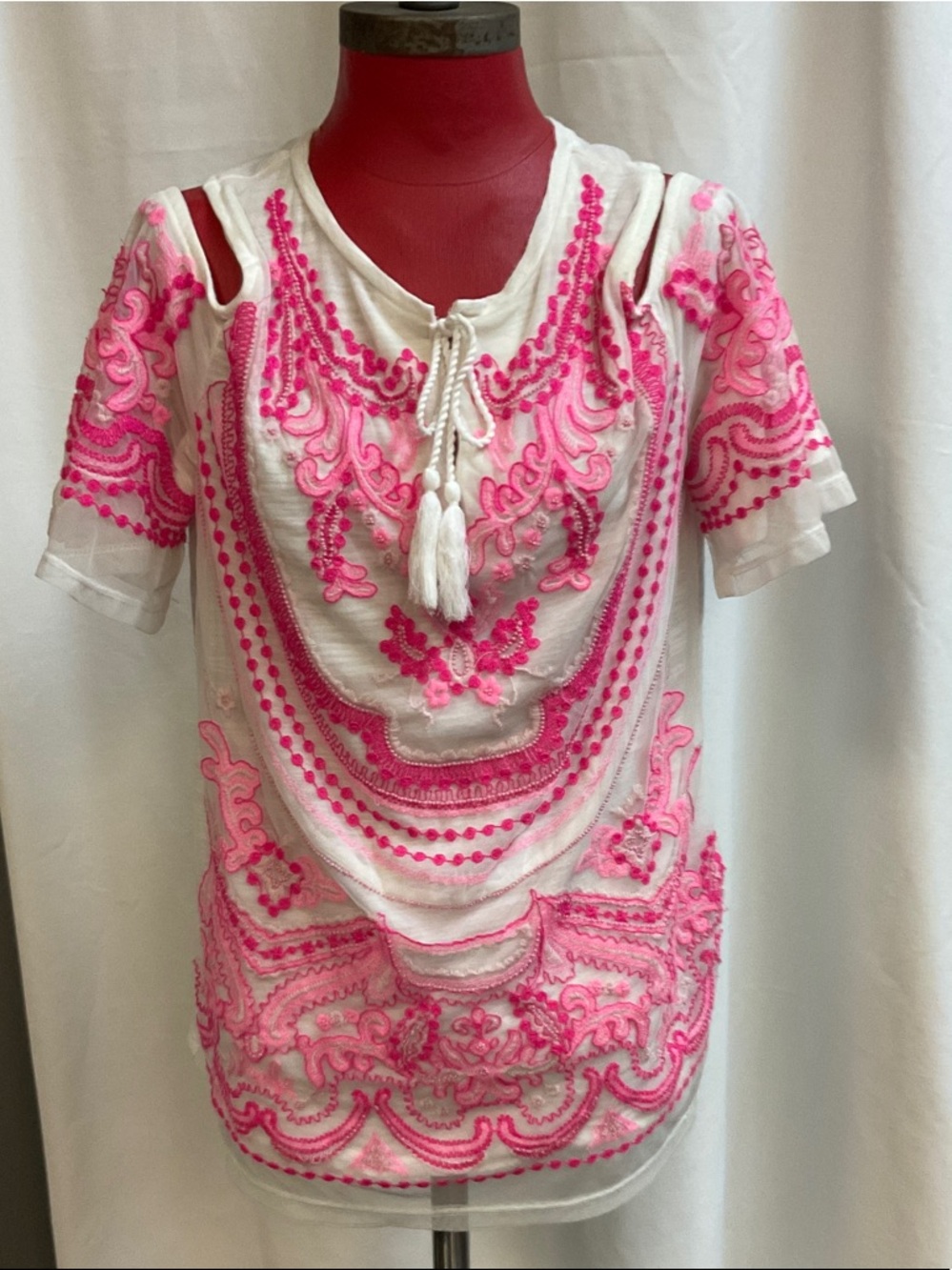 INC International Concepts White Blouse with Hot Pink Embroidery
